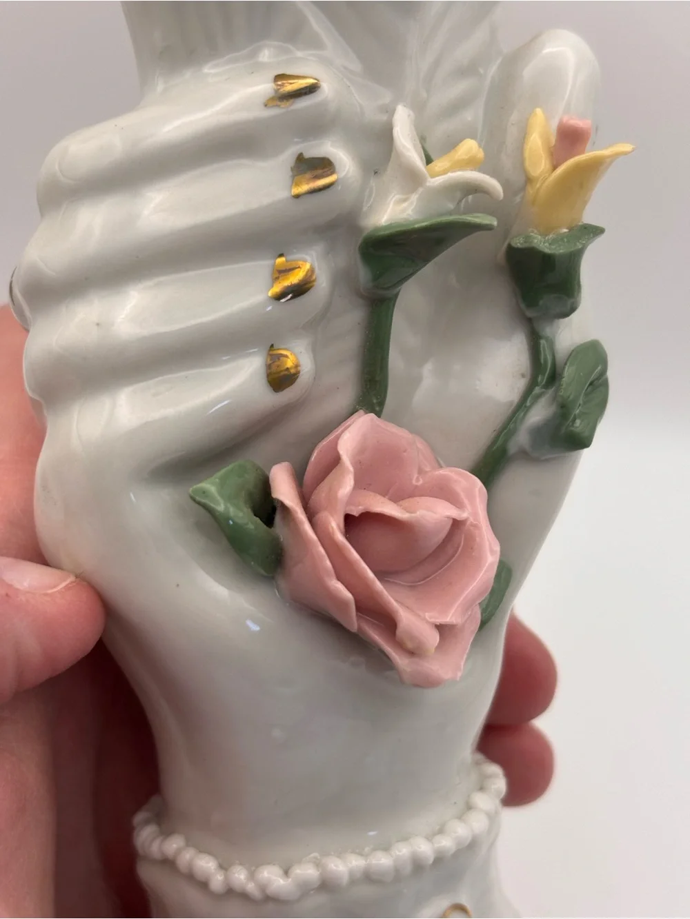 Vintage Ceramic Lady's Hand Holding Vase Figural Bud Vase, Pink Rose Decor